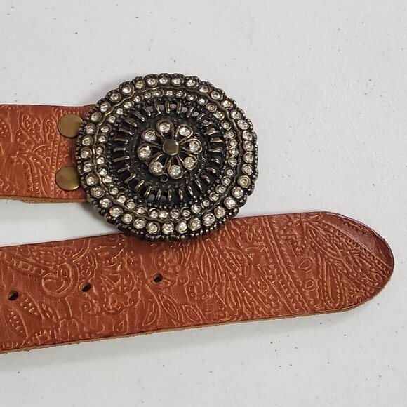 Fossil Women‎ Western Embossed Leather Statement Belt Size M Round Jeweled Brown - Picture 5 of 9